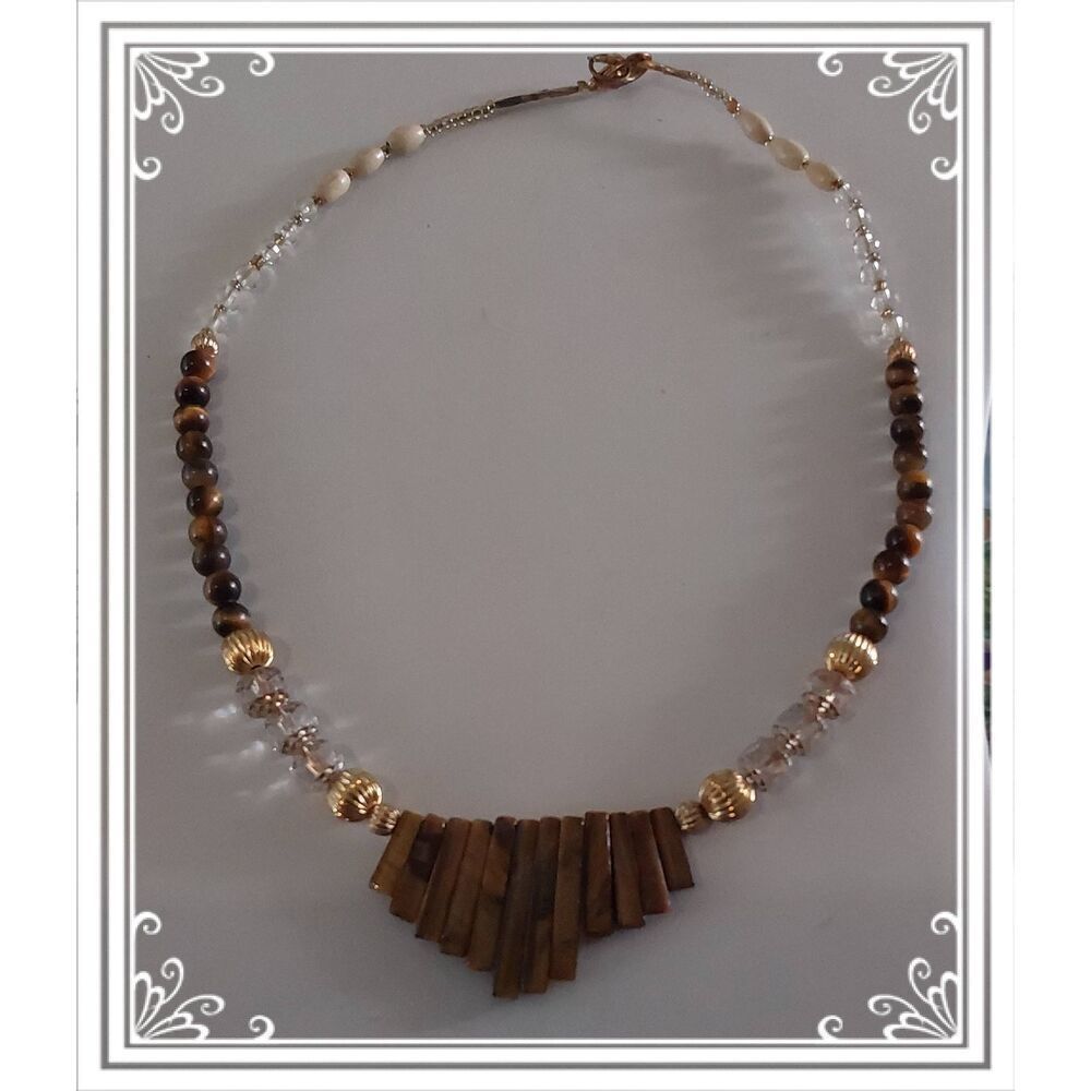 Stunning Handcrafted Tigers Eye Bar~Faceted Crystals & Gold Bead Necklace